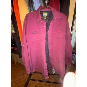Cabelas Long Sleeve Button Up Shirt Burgundy Plaid Lined Workwear Mens Size L